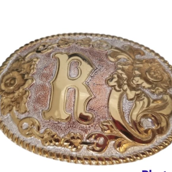 SHINNY CRUMRINE LETTER "R"  HEAVY SILVER PLATE ON JEWELERS BRONZE WESTERN COWBOY - Picture 1 of 6